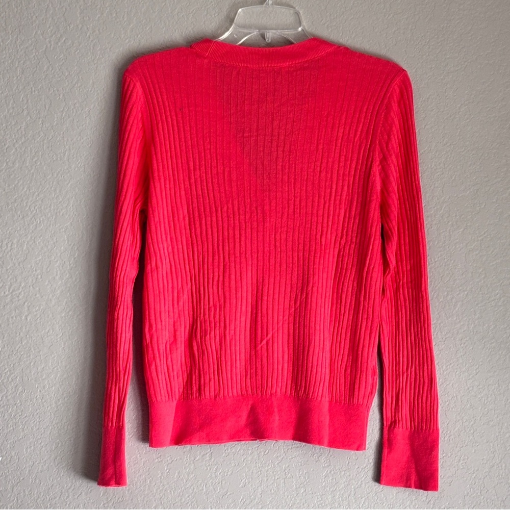 Preppy office LOFT Vibrant Coral Ribbed Women’s Cardigan V-neck L - Picture 10 of 10